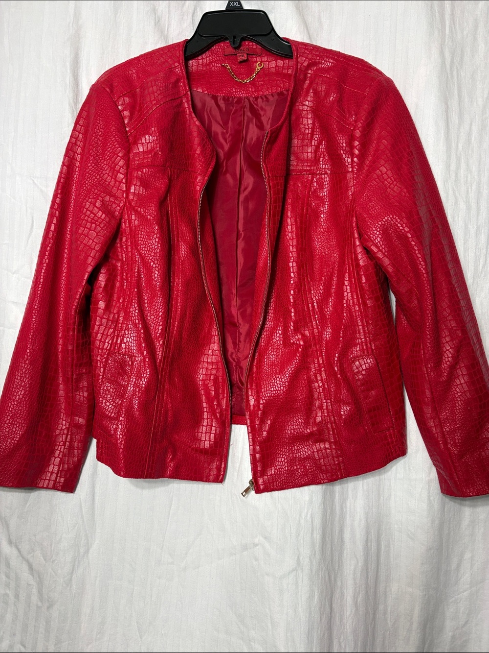 Joni B Women's Red Faux-Croc Zip-Front Leather Jacket